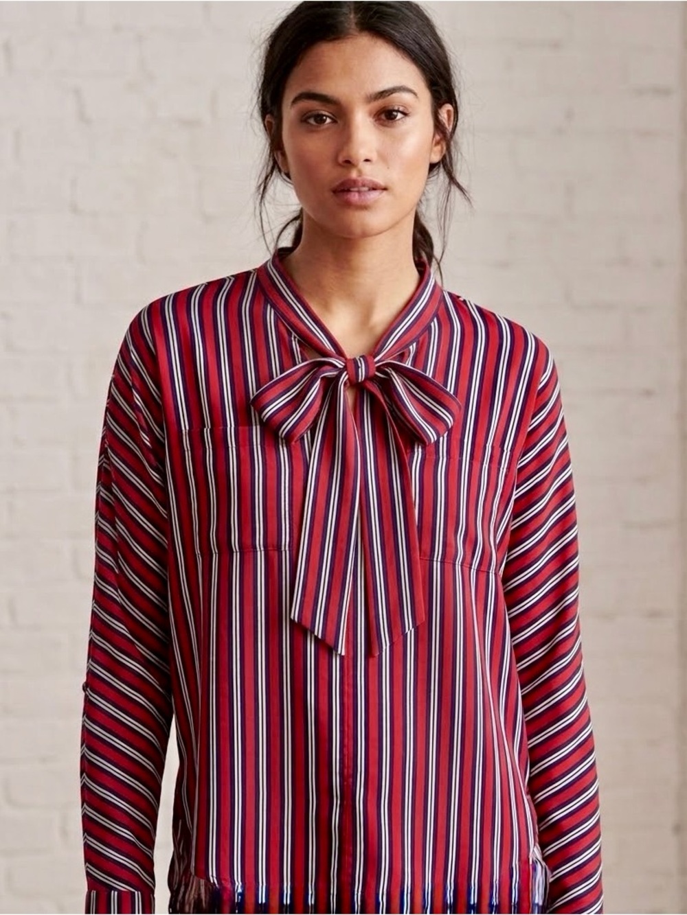 Abercrombie & Fitch Red Striped Tie-Neck Blouse | Small | Long Sleeve Boho Top